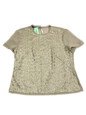 Carlisle Beige Sequin Front Short Sleeve Blouse Size 12 Semi Sheer Back